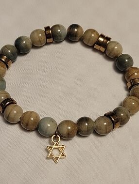 Earth Tone Beaded Bracelet with Star of David Charm